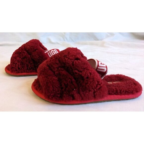 NWOT UGG Kids Fluff Yeah Sling-back Slides Ribbon Red Genuine Shearling - Picture 2 of 7